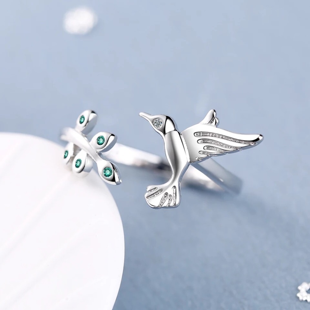 New Sterling Silver 925 Hummingbird & Leaves Adjustable Ring